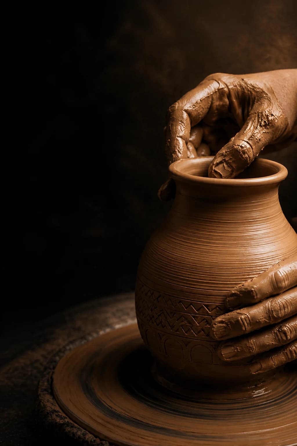 Hands shaping a decorated clay vessel on a pottery wheel